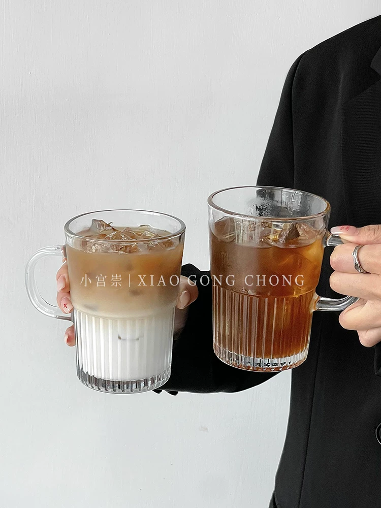 Ly thủy tinh kiểu Ins có quai cầm, ly cà phê đá Americano, ly trà trái cây, ly nước ép gia dụng, ly uống nước lạnh