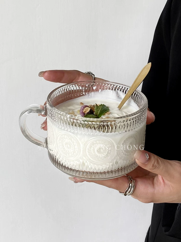 Bát ăn sáng sữa yến mạch thủy tinh khắc họa tiết, kiểu dáng đẹp, có tay cầm, bát sữa chua dành cho nữ sinh, bát salad trái cây