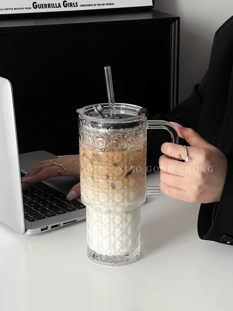 Cốc uống nước có dung tích lớn, cốc trà trái cây thủy tinh họa tiết kim cương sáng tạo, cốc latte đá kiểu ins, cốc nước ép, cốc nước uống lạnh