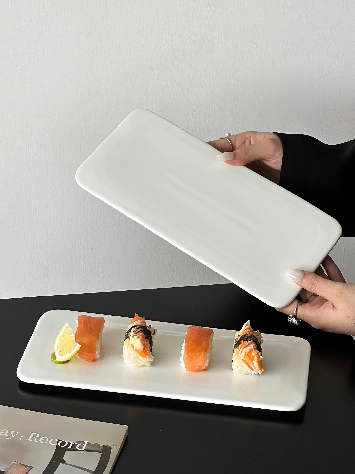 Đĩa sứ trắng tinh khiết, đĩa sushi hình chữ nhật cao cấp, đĩa bánh mousse, đĩa tráng miệng, đĩa bày món tráng miệng kiểu Tây