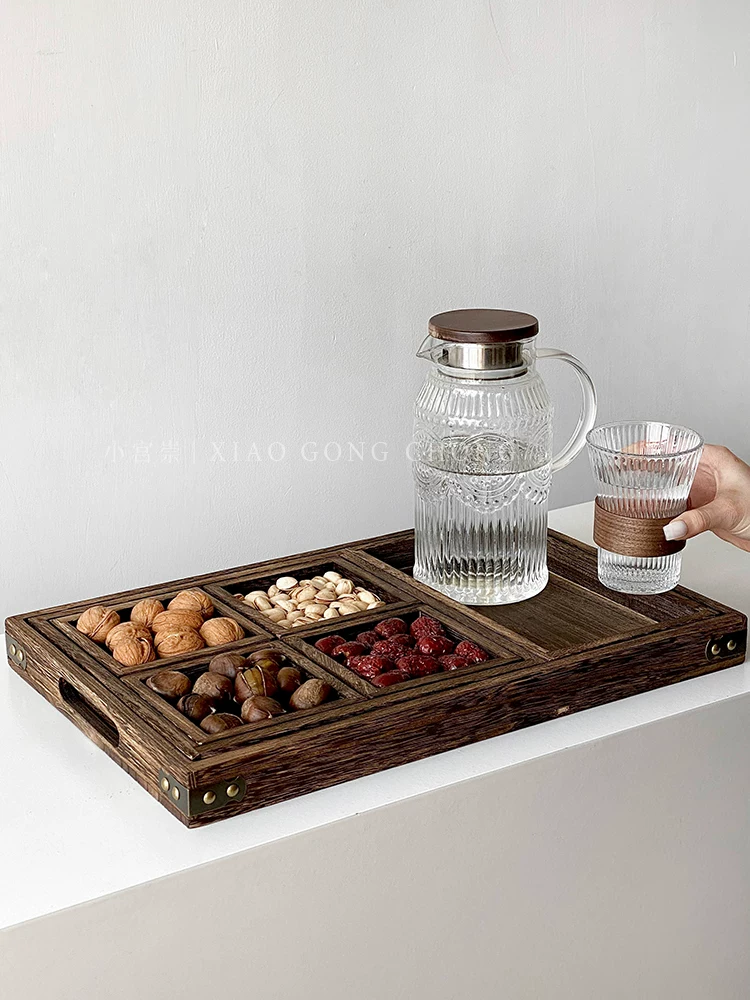 Khay gỗ kiểu Trung Quốc có bốn ngăn đựng trái cây khô, khay đựng đồ ăn nhẹ, khay đựng bánh ngọt cho bữa trà chiều, phụ kiện trà, khay đựng trái cây