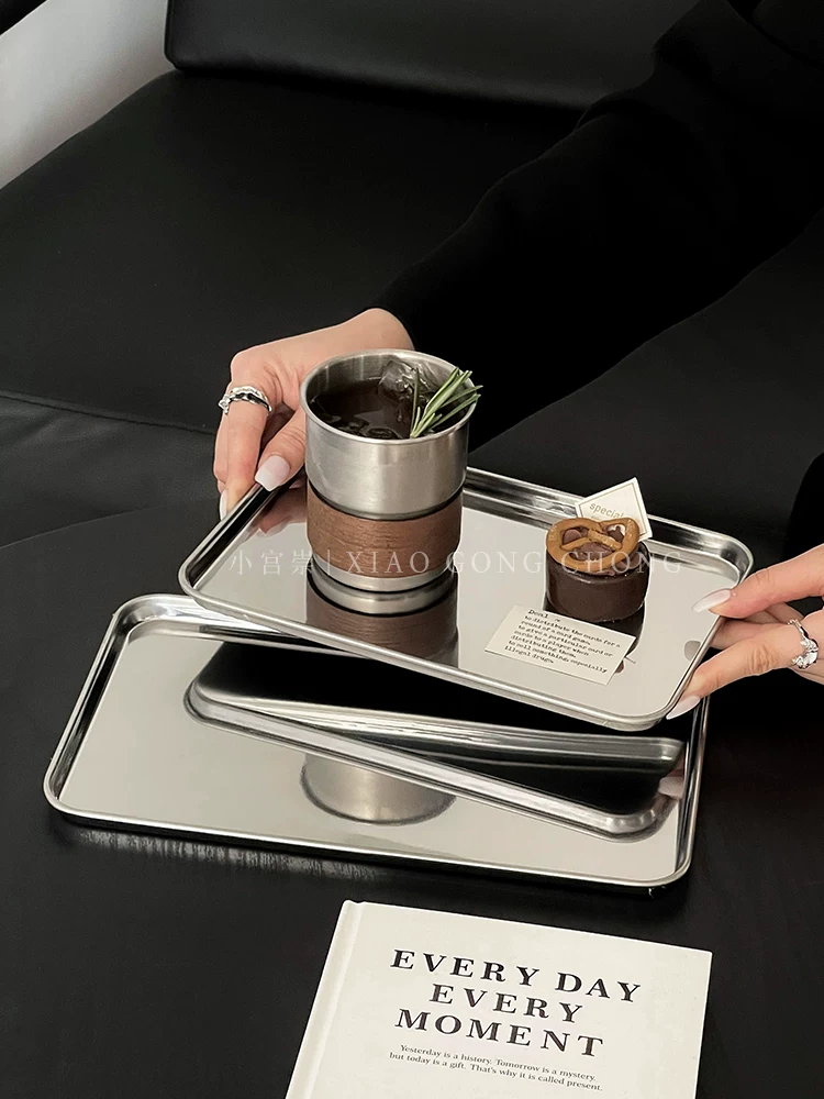 Khay chữ nhật bằng thép không gỉ kiểu công nghiệp Hàn Quốc, dùng làm đĩa ăn cafe, đĩa ăn tối, đĩa trà chiều, đĩa bánh ngọt