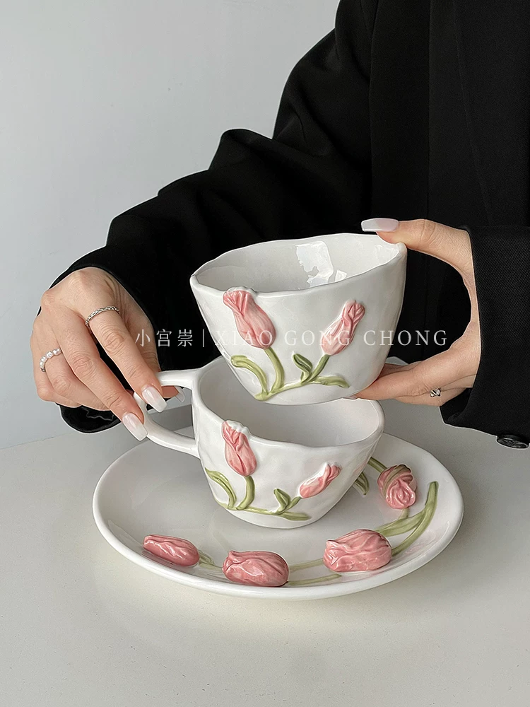 Bộ tách trà cà phê hoa tulip nổi 3D phong cách Pháp, tách và đĩa độc đáo, thiết kế độc lạ, tách kiểu nữ tính.