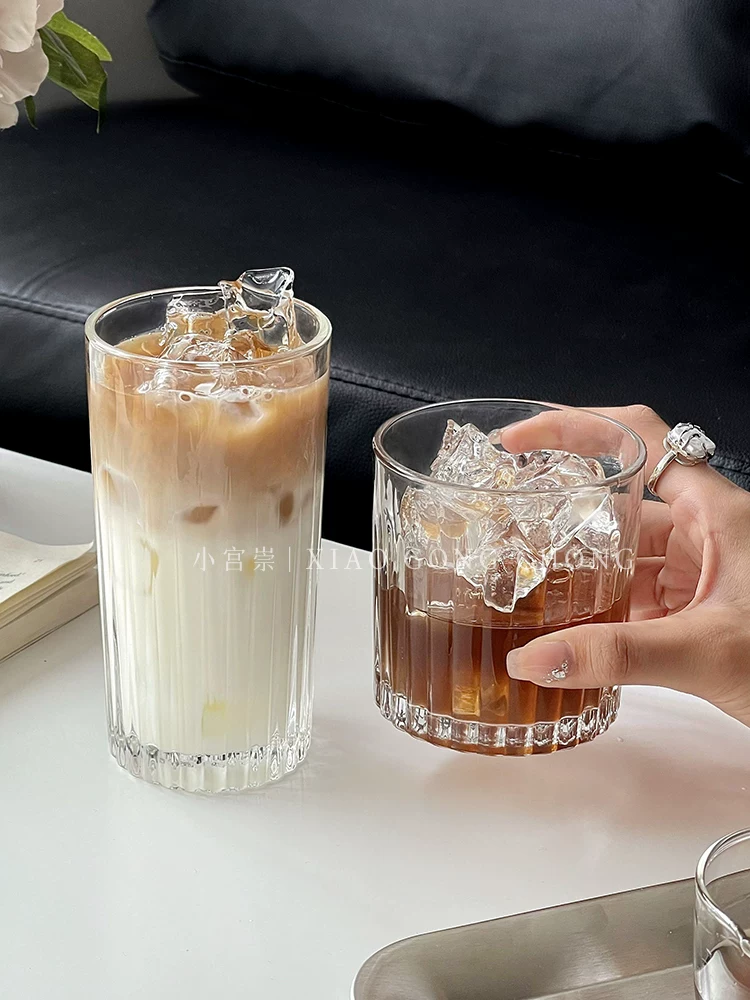 Ly thủy tinh sọc dọc kiểu Ins, ly cà phê đá Americano, ly nước uống lạnh, ly nước ép, ly nước uống trong suốt, ly gia dụng.