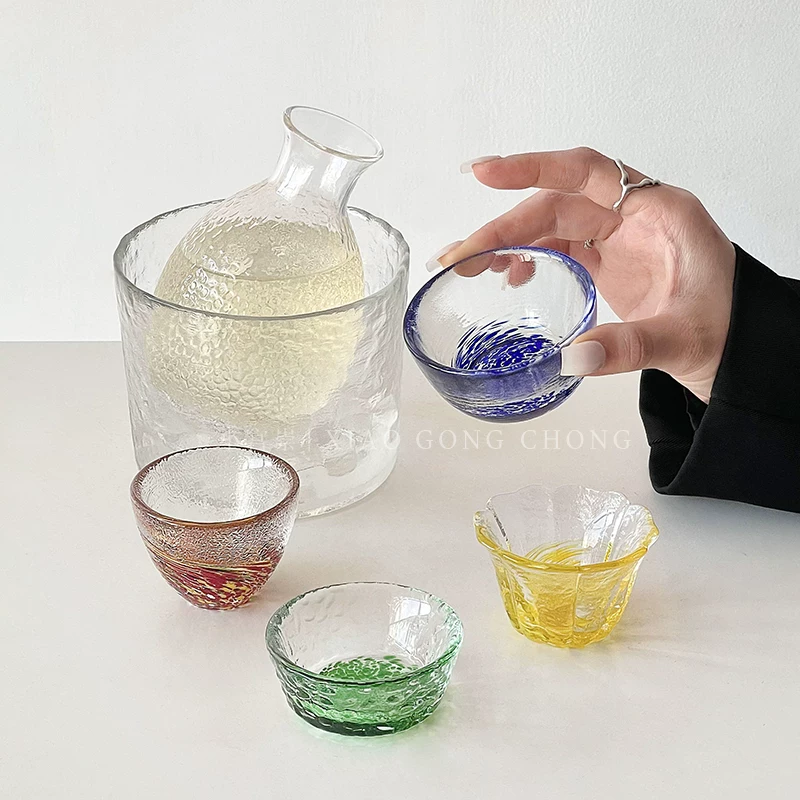 Ly thủy tinh màu kiểu Nhật, ly rượu sake, ly rượu trái cây, bình rượu sake, khay, bộ rượu, ly thủy tinh gia dụng, ly rượu nhỏ