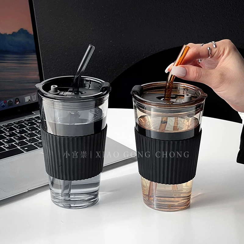 Ly thủy tinh có ống hút, ly du lịch sang trọng, ly cà phê văn phòng có nắp, ly nước ép di động, ly đựng đồ uống