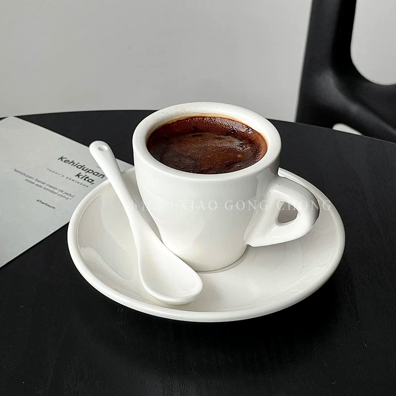 Tách cà phê espresso màu trắng, tách espresso nhỏ, tách cà phê kiểu châu Âu đơn giản, bộ tách và đĩa sứ, 80ml