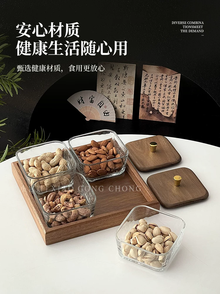 Đĩa đựng trái cây óc chó dùng trong gia đình, đĩa đựng trái cây sấy khô cao cấp nhẹ nhàng sang trọng có nắp kính, đĩa đựng đồ ăn nhẹ chia ngăn, đĩa đựng đồ.