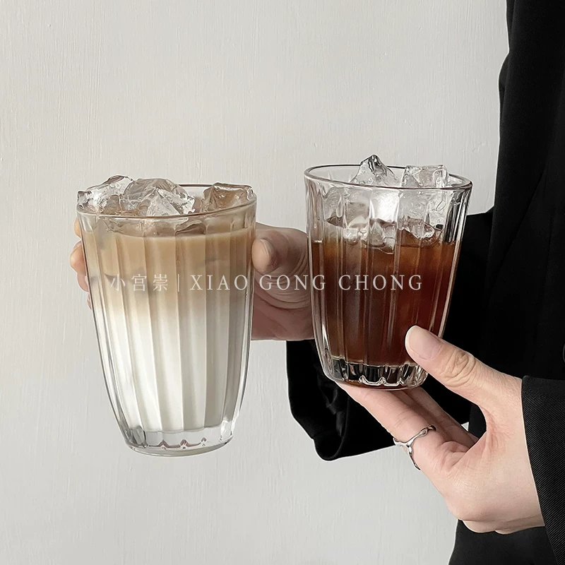 Ly thủy tinh sọc dọc đơn giản phong cách INS, ly cà phê đá kiểu Mỹ cổ điển, ly uống nước gia dụng, ly pha cà phê lạnh