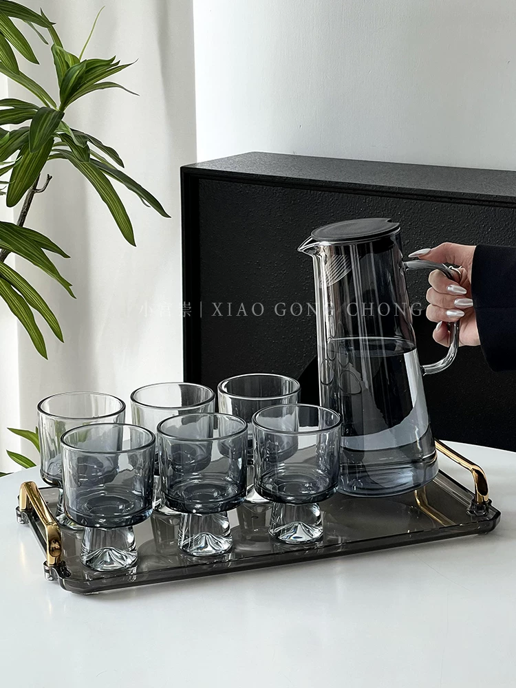 Bộ cốc thủy tinh màu xám gradient cao cấp, cốc nước gia dụng sang trọng hiện đại, bình đựng nước lạnh chịu nhiệt độ cao, cốc trà