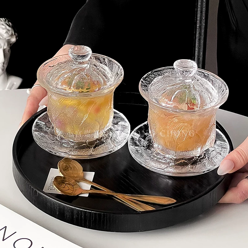 Bộ bát đĩa thủy tinh kiểu Trung Hoa, bộ bát đĩa gia dụng cao cấp có nắp, bát tráng miệng, bát đựng đường và nấm trắng sáng tạo.