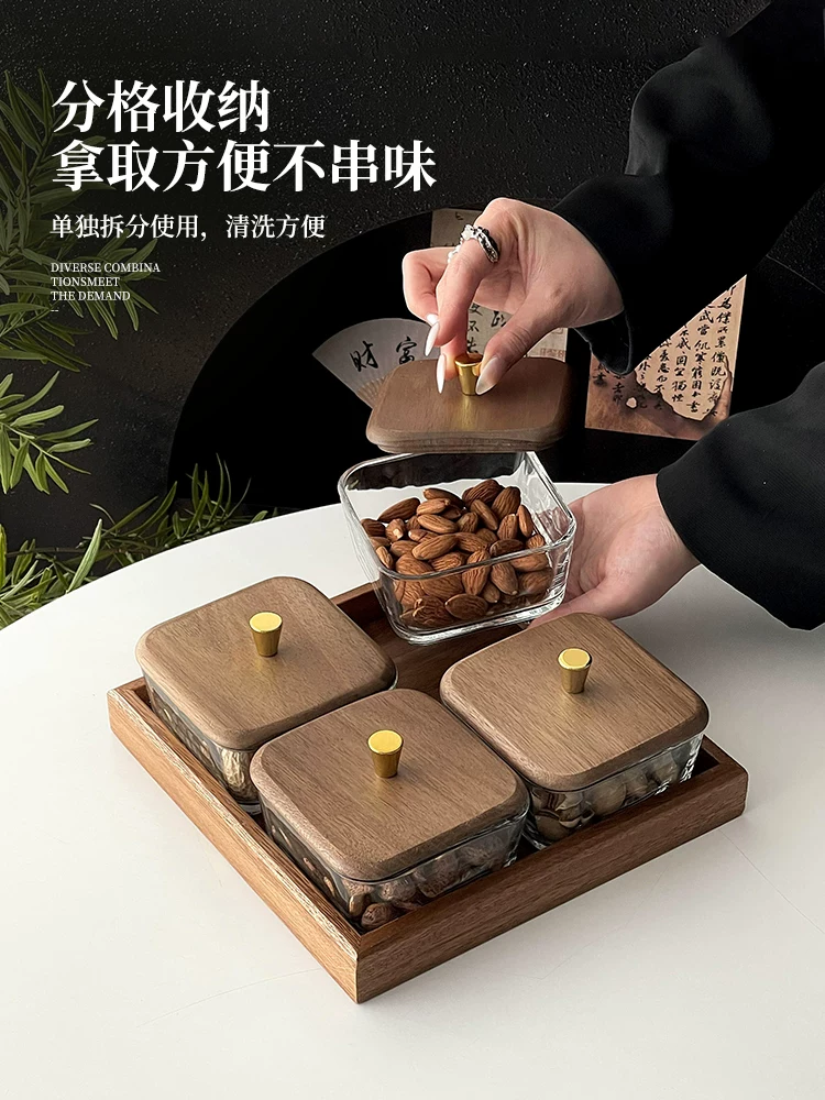 Đĩa đựng trái cây óc chó dùng trong gia đình, đĩa đựng trái cây sấy khô cao cấp nhẹ nhàng sang trọng có nắp kính, đĩa đựng đồ ăn nhẹ chia ngăn, đĩa đựng đồ.