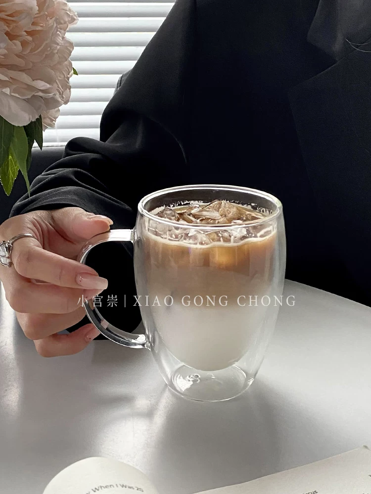 Cốc thủy tinh hai lớp cách nhiệt trong suốt kiểu dáng đơn giản có tay cầm, cốc cà phê gia dụng chống bỏng, cốc latte, cốc uống nước