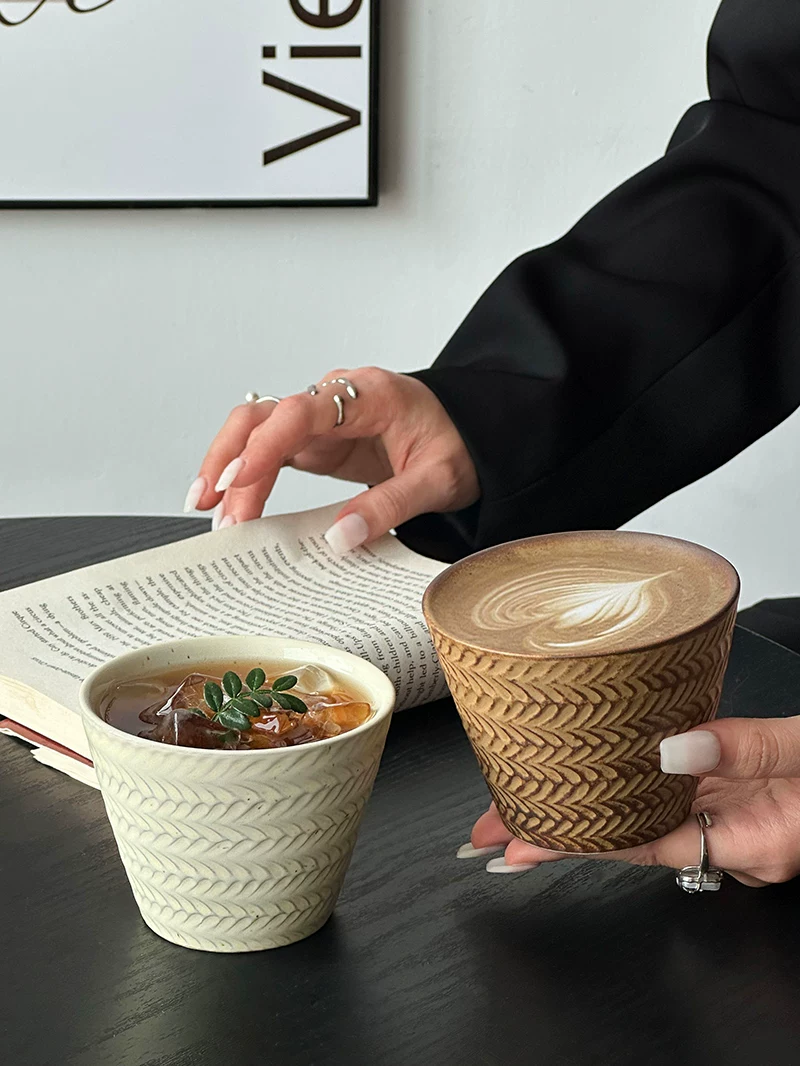 Ly cà phê gốm sứ hoa văn lúa mạch nổi cổ điển, men lò Nhật Bản, kiểu miệng lợn, ly latte nghệ thuật cao cấp, ly trà