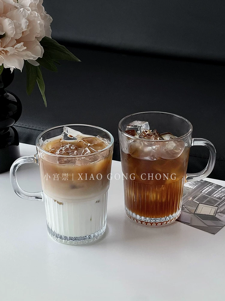 Ly thủy tinh kiểu Ins có quai cầm, ly cà phê đá Americano, ly trà trái cây, ly nước ép gia dụng, ly uống nước lạnh