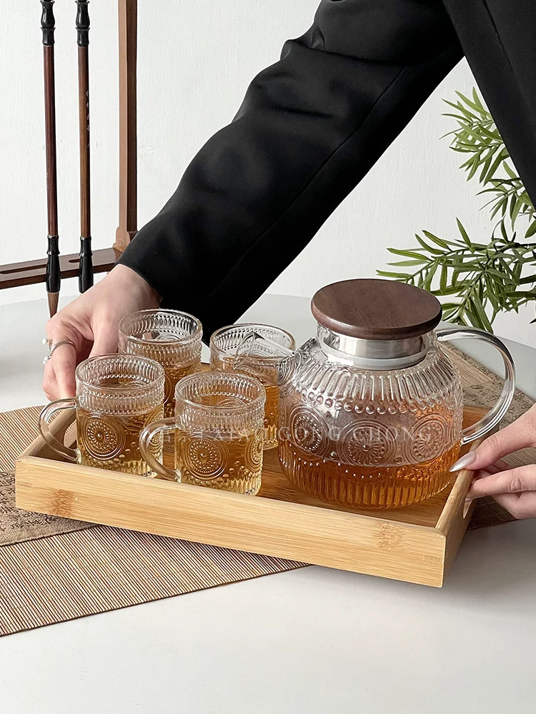 Bộ ấm trà và bộ trà Trung Quốc có vẻ ngoài thẩm mỹ cao, cốc nước thủy tinh hình hoa hướng dương, bình nước lạnh chịu nhiệt cao gia dụng, bình giữ nhiệt.