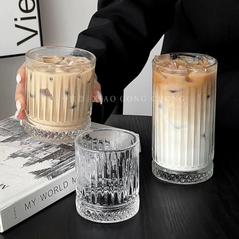 Ly cà phê đá kiểu Ins, ly thủy tinh sọc cổ điển dùng pha cà phê lạnh mocha, ly sữa, ly ăn sáng
