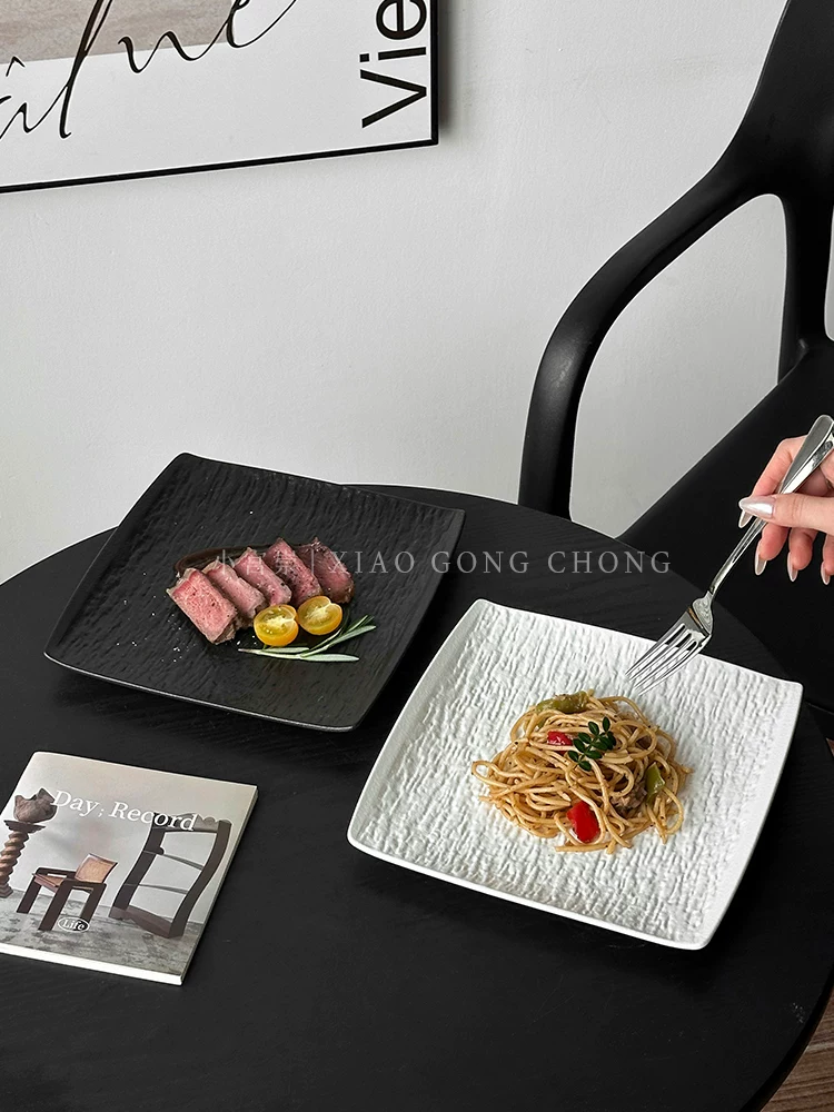 Đĩa ăn bằng gốm sứ, đĩa vuông kiểu phương Tây sang trọng cao cấp, đĩa đựng mì ống, đồ dùng gia đình, đĩa đựng món ăn nhà hàng