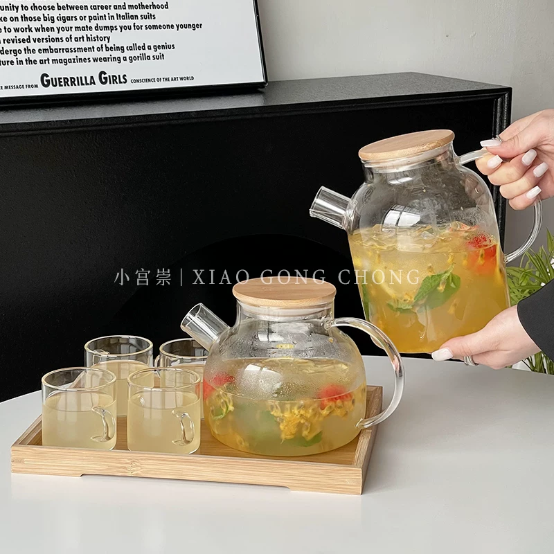 Bộ ấm trà thủy tinh kiểu Trung Quốc, dung tích lớn, dụng cụ pha trà gia dụng chịu nhiệt, bình đựng nước lạnh, bộ trà, tách trà hoa
