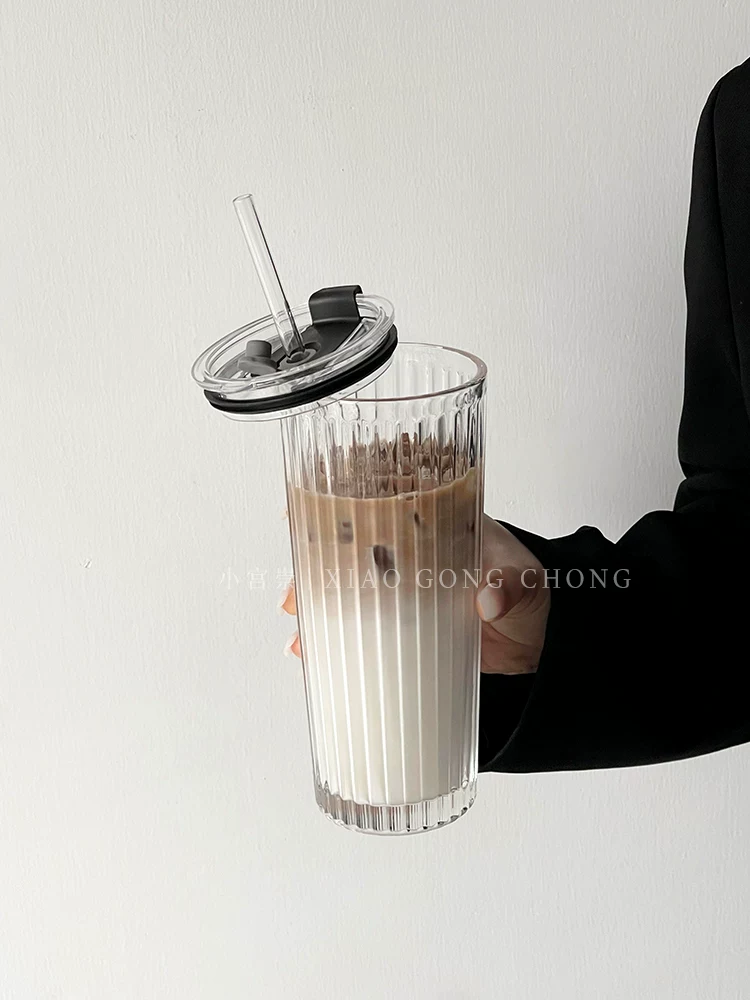 Cốc thủy tinh có ống hút dung tích lớn, cốc cà phê latte đá trong suốt cao cấp, cốc nước gia dụng có nắp dùng cho văn phòng