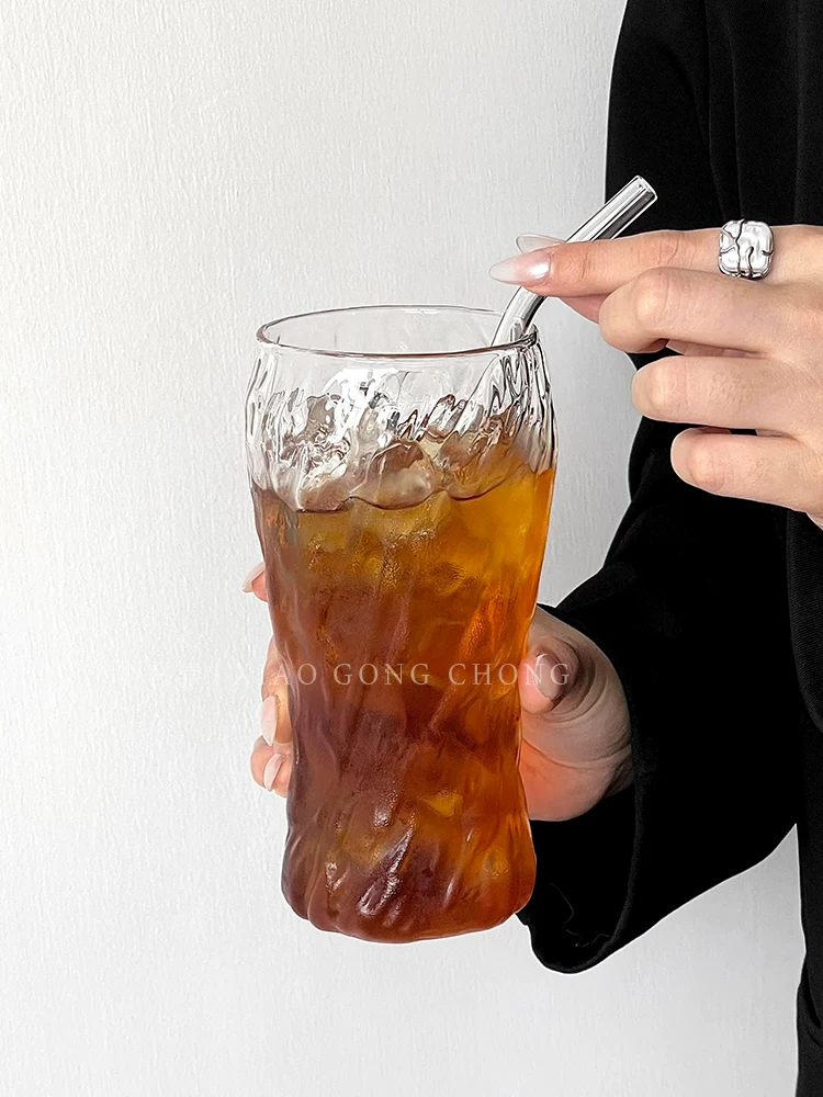 Ly cà phê latte đá kiểu Mỹ cổ điển họa tiết nước, ly nước thủy tinh chịu nhiệt dung tích lớn, ly bia, ly nước giải khát.