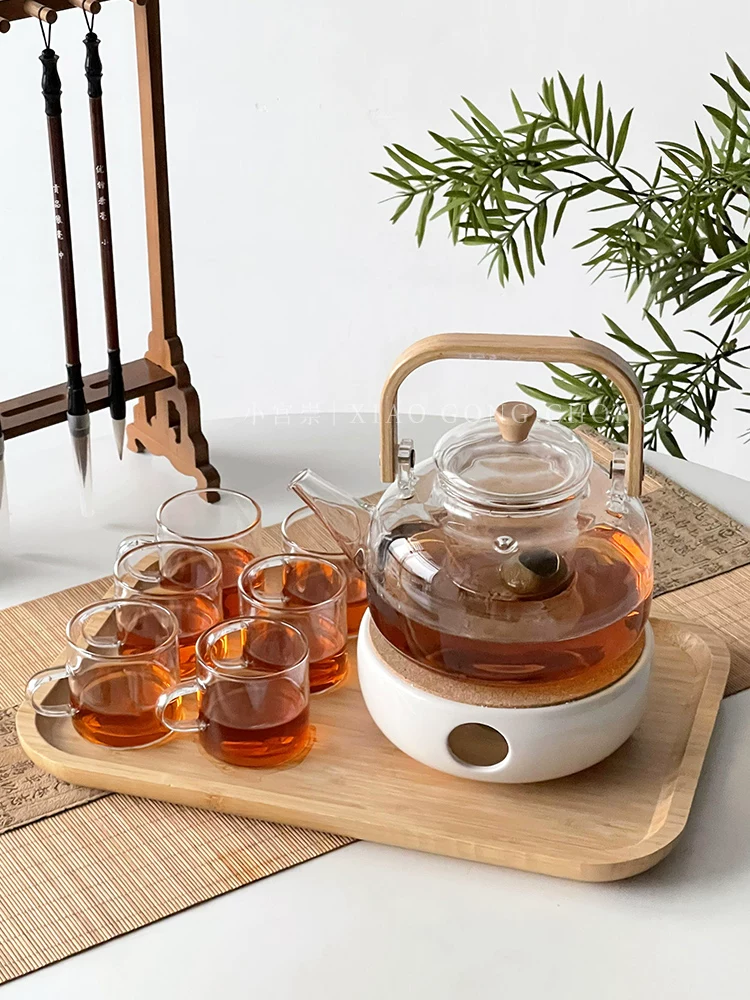 Ấm trà thủy tinh, ấm trà gia dụng chịu nhiệt cao kiểu Trung Quốc có tay cầm, bộ tách trà, bình giữ ấm trà, bộ trà hoa giữ sức khỏe, pha trà quanh bếp.