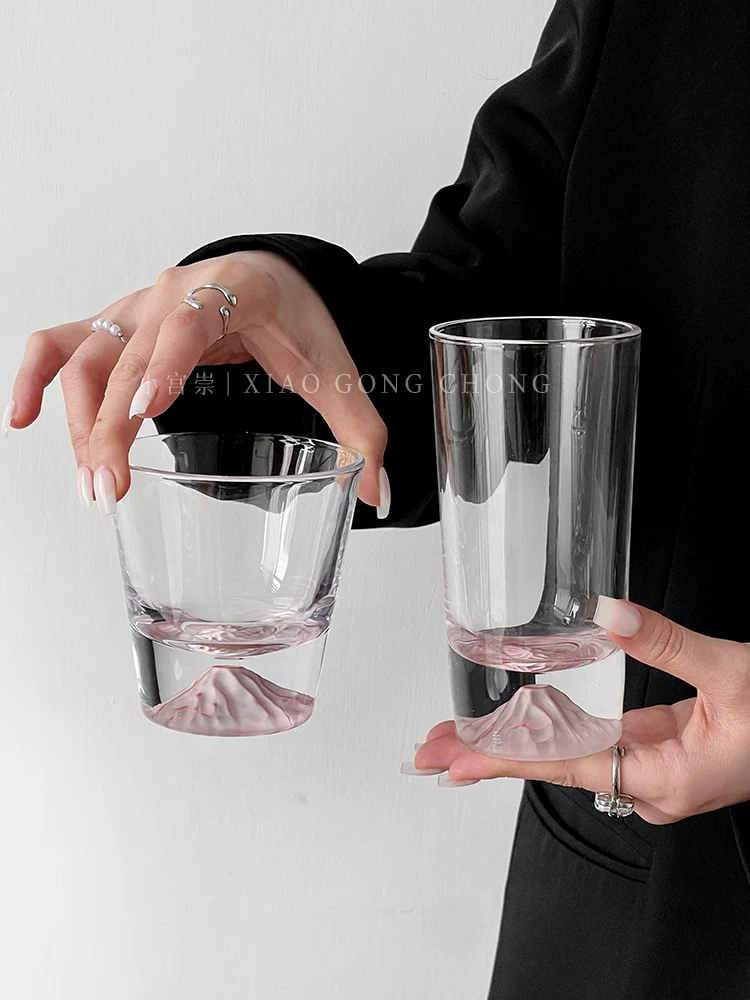 Cốc màu hồng núi Phú Sĩ thiết kế độc đáo, cốc thủy tinh kiểu tiên nữ, cốc cà phê, ly rượu, ly rượu whisky, cốc hoa anh đào núi tuyết