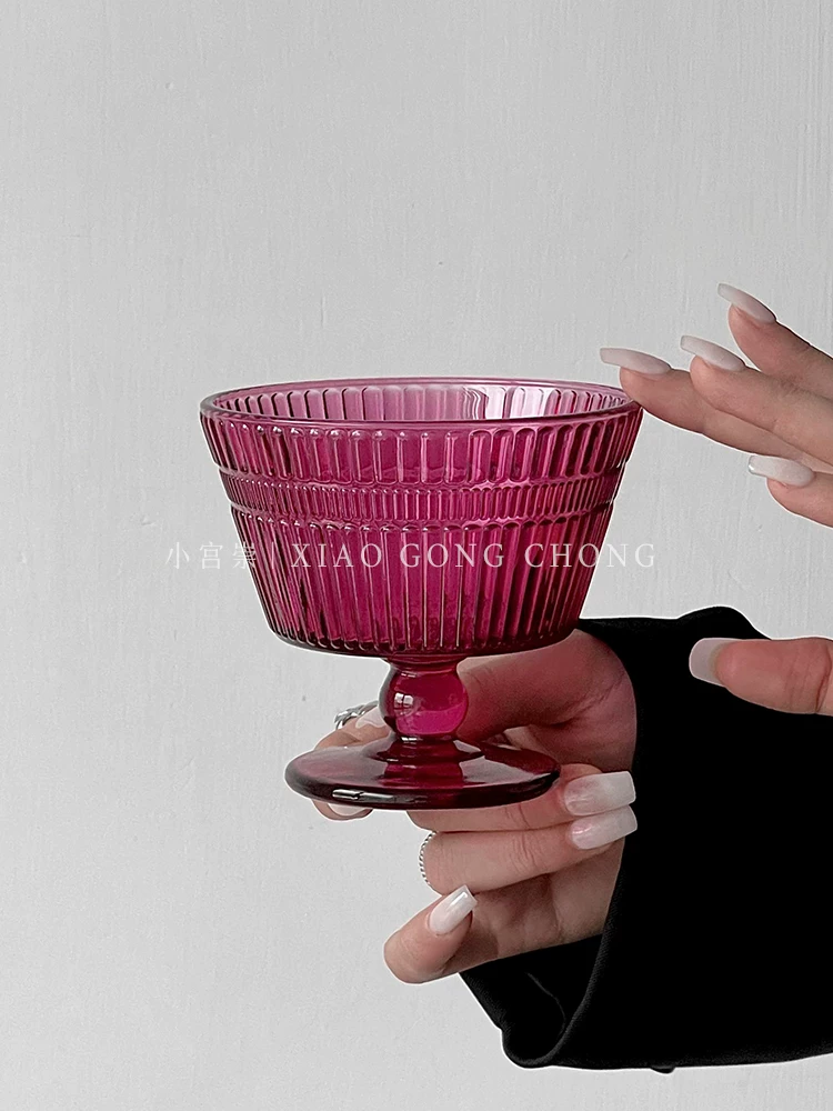 Ly kem sọc dọc màu đỏ hồng phong cách Ins, ly sữa chua gia dụng, bát tráng miệng, bát ăn sáng, bát salad, ly thủy tinh cao