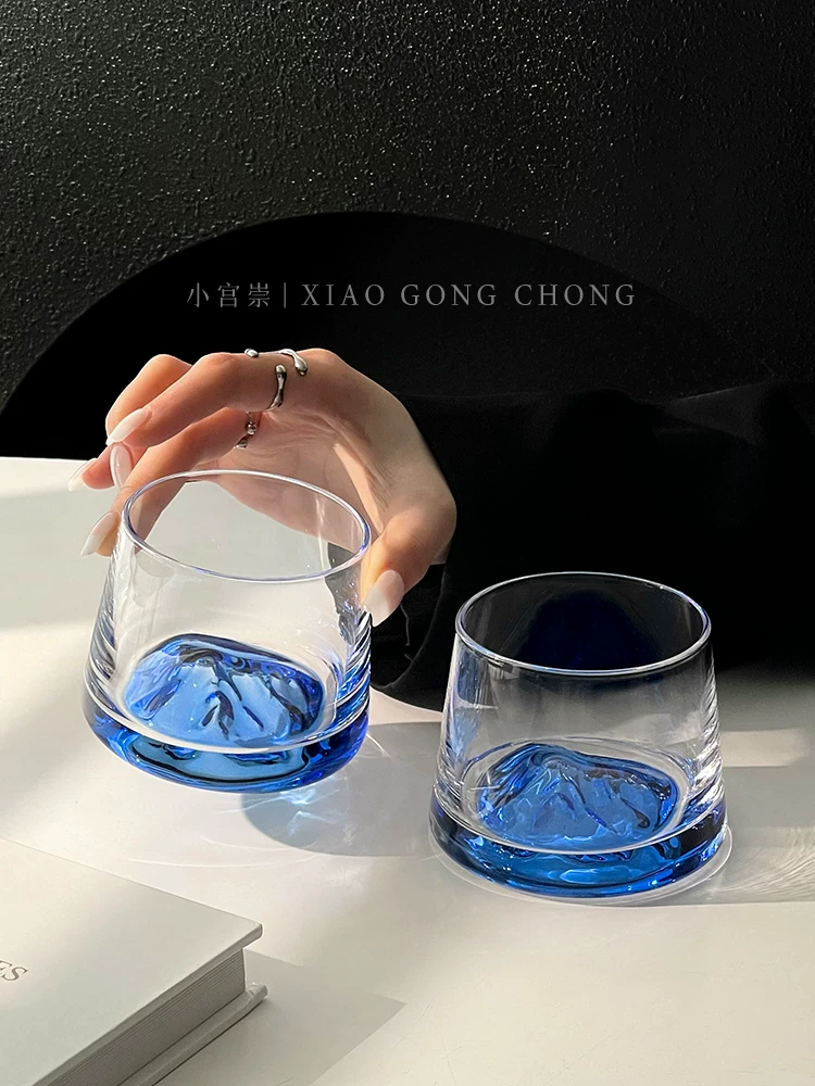 Ly núi Phú Sĩ màu xanh đậm phong cách Ins, ly thủy tinh cổ điển cao cấp nhìn ra núi, ly rượu whisky, ly rượu ngoại.