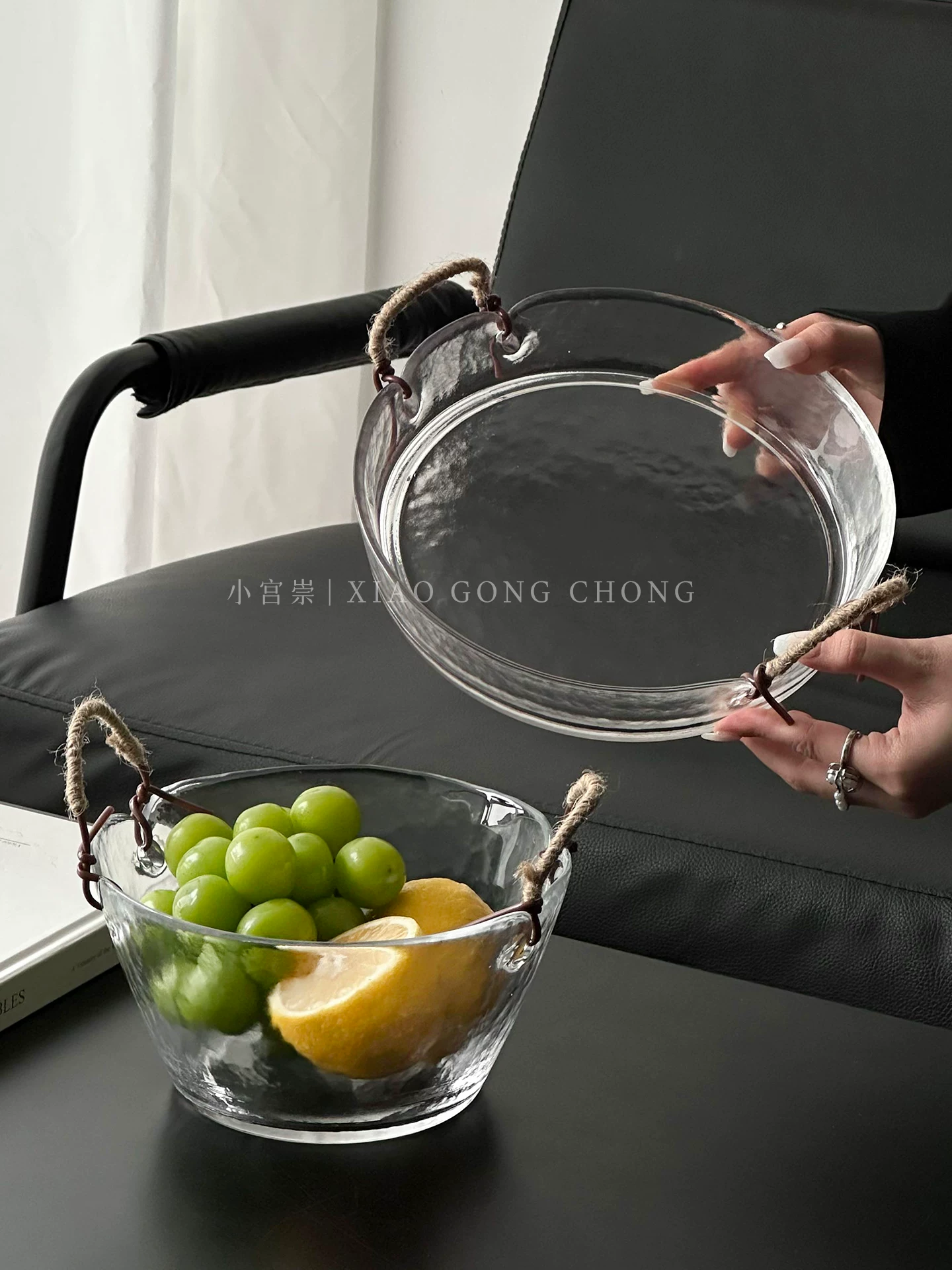 Khay đựng trái cây lớn bằng thủy tinh chạm khắc, quai xách bằng dây thừng gai cổ điển, phong cách nhà ở hiện đại, khay đựng đồ ăn nhẹ, xô đá di động