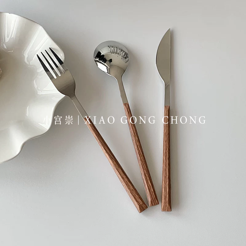 Dao dĩa kiểu Bắc Âu cổ điển, cán gỗ, thép không gỉ, bộ đồ ăn gia đình kiểu Tây, thìa súp, dao bít tết, thìa tráng miệng, dĩa