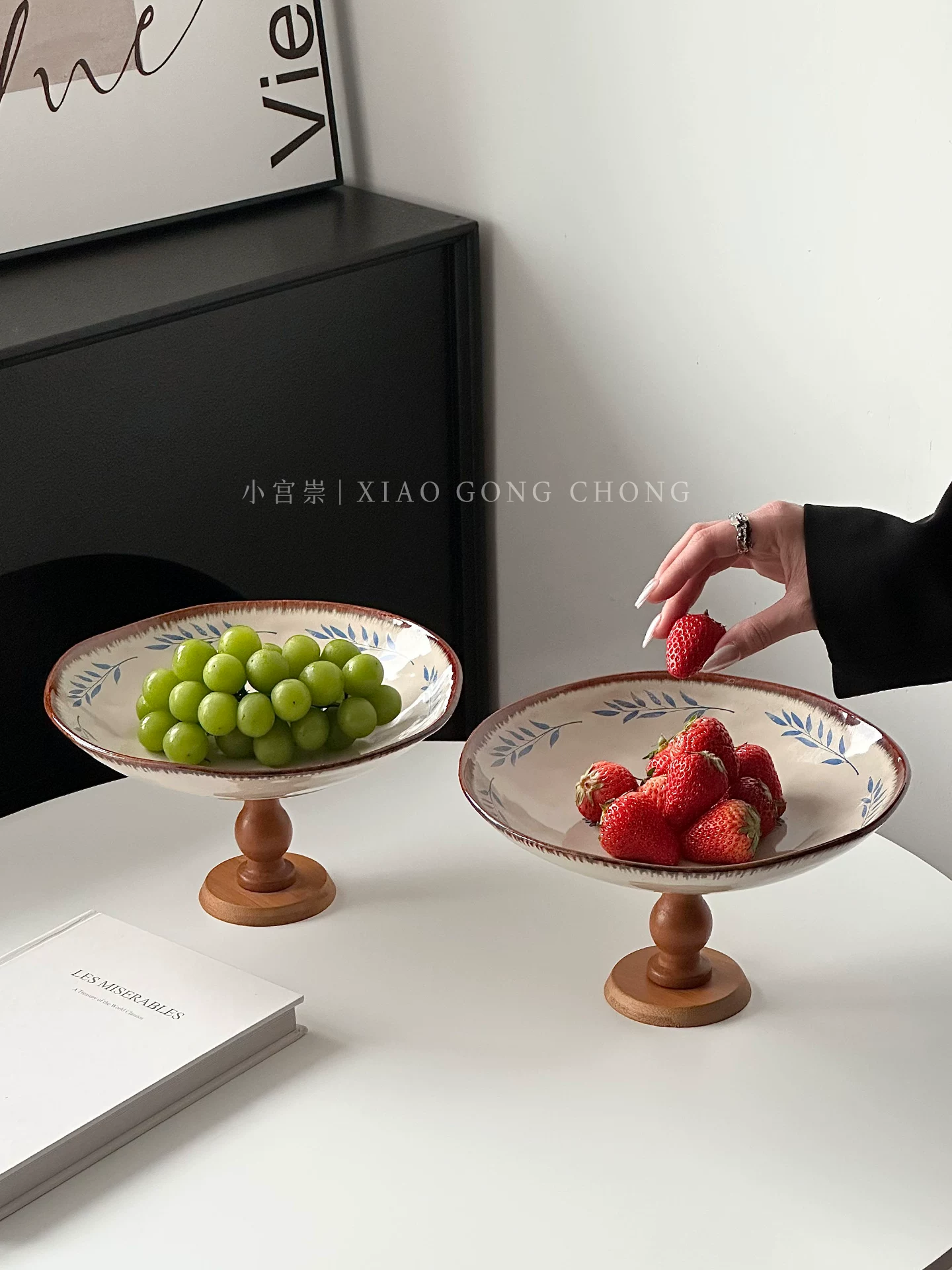 Đĩa trái cây gỗ kiểu trung cổ chân cao dùng trong nhà, khay gốm, đĩa trái cây khô, đĩa ăn vặt, đĩa bánh ngọt