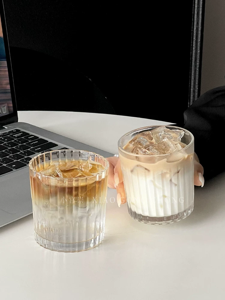 cốc cà phê đá latte kiểu Mỹ cổ điển phong cách ins cốc thủy tinh sọc cốc uống nước lạnh cốc nước trái cây cốc rượu whisky