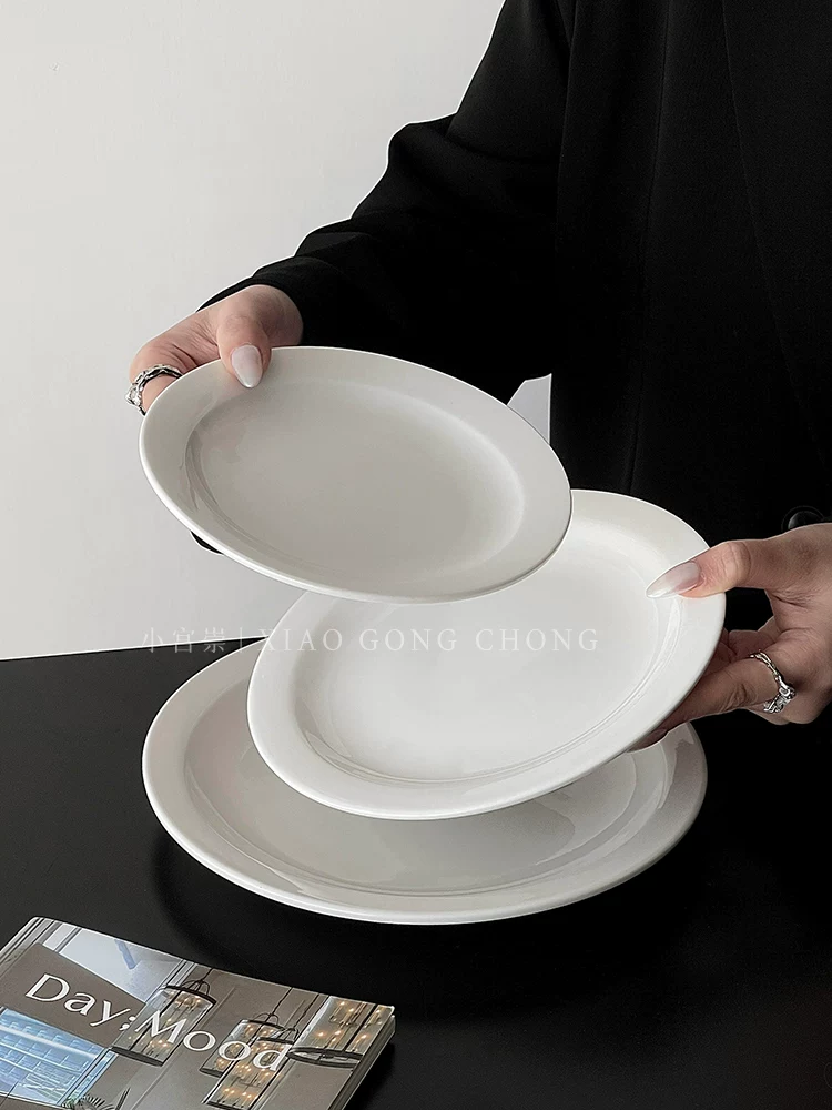 Đĩa bánh trắng đơn giản phong cách Ins Đĩa gốm tròn Đĩa ăn món Tây Đĩa tráng miệng cao cấp Đĩa đựng bít tết mì Ý