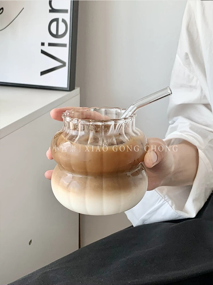 Ly thủy tinh cổ điển phong cách Ins, kiểu dáng mũm mĩm, dùng uống trà hoa quả, có ống hút, dung tích lớn, dùng được cho đồ uống lạnh, cà phê, nước ép