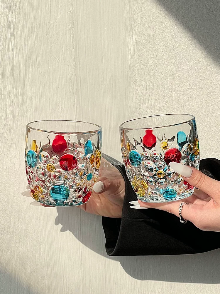 Ly thủy tinh vẽ chấm bi sáng tạo, ly nước ép phong cách ins, ly sữa, ly rượu whisky sang trọng nhẹ nhàng sáng tạo, ly cà phê