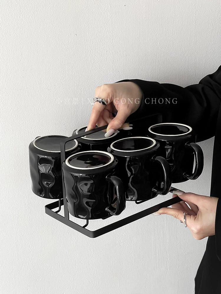 Bộ cốc gốm đen thiết kế độc đáo, phong cách sang trọng nhẹ nhàng, dùng trong nhà, phòng khách, cốc uống nước, cốc, cốc cà phê ăn sáng