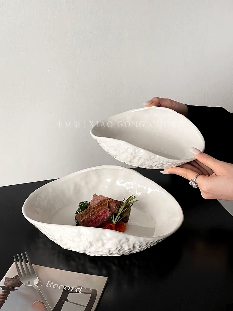 Đĩa gốm sứ họa tiết đá, đĩa súp gia dụng sang trọng nhẹ nhàng, đĩa rau củ, đĩa steak trắng tinh khôi sáng tạo cao cấp, đĩa mì ống.