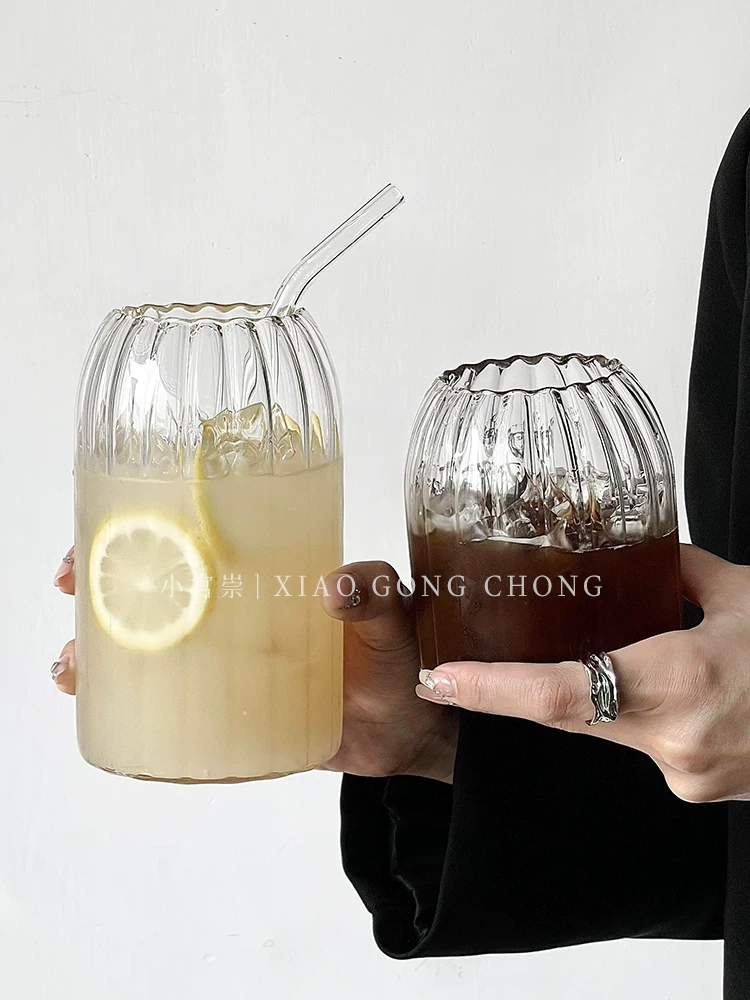 Ly thủy tinh sọc dọc kiểu cổ điển, chịu nhiệt cao, dung tích lớn, dùng được cho trà hoa quả, cà phê latte