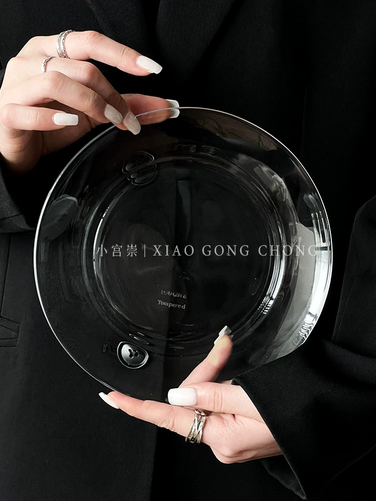 Đĩa thủy tinh trong suốt kiểu Hàn Quốc dùng trong gia đình, đĩa đựng thức ăn phương Tây chịu nhiệt, đĩa đựng trái cây, đĩa đựng salad, đĩa đựng món tráng miệng, đạo cụ chụp ảnh