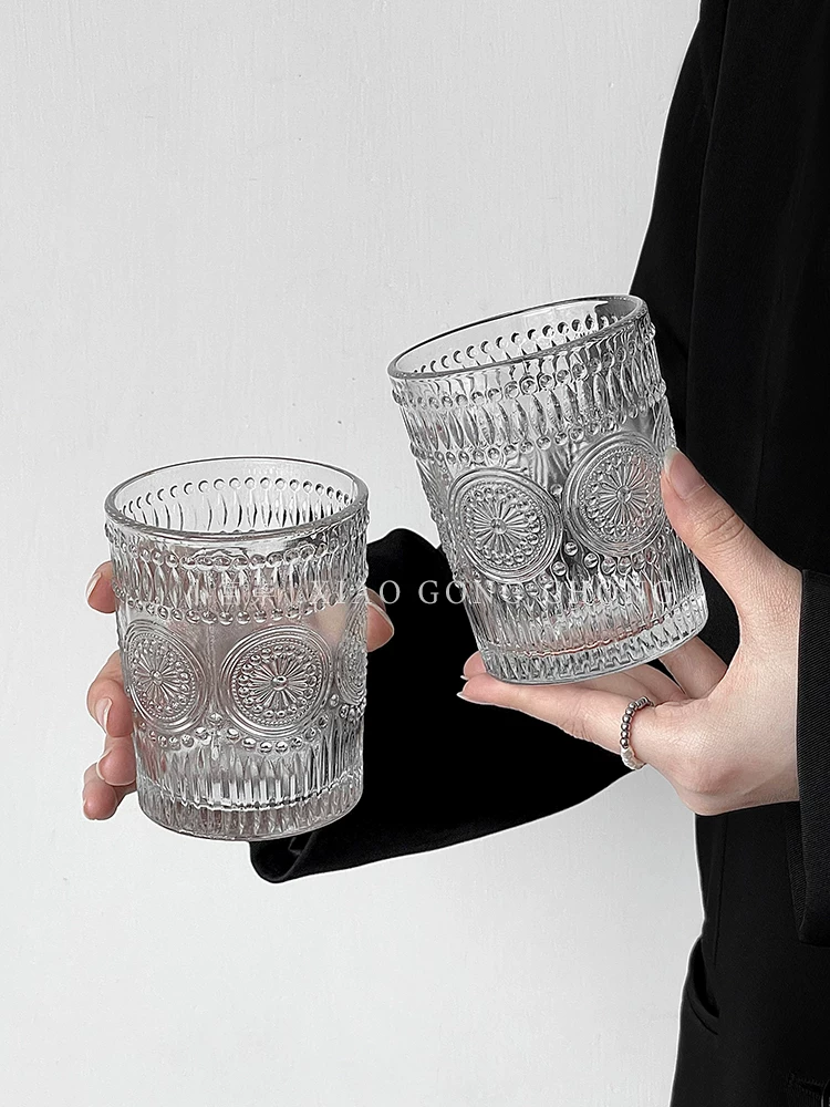 Bộ cốc thủy tinh hướng dương, giá trị thẩm mỹ cao, cốc uống nước dập nổi theo phong cách cổ điển, cốc tiếp khách gia đình, cốc cà phê phòng khách