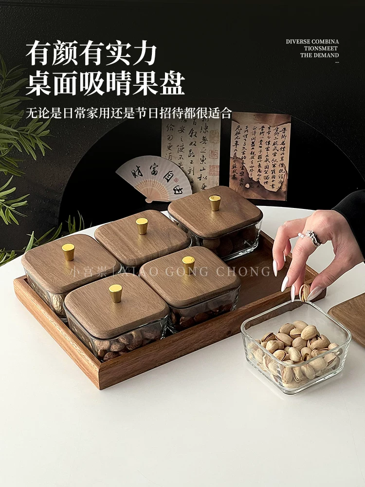 Đĩa đựng trái cây óc chó dùng trong gia đình, đĩa đựng trái cây sấy khô cao cấp nhẹ nhàng sang trọng có nắp kính, đĩa đựng đồ ăn nhẹ chia ngăn, đĩa đựng đồ.