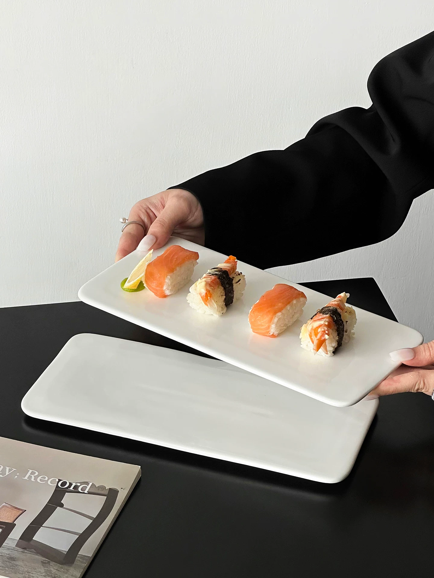 Đĩa sứ trắng tinh khiết, đĩa sushi hình chữ nhật cao cấp, đĩa bánh mousse, đĩa tráng miệng, đĩa bày món tráng miệng kiểu Tây