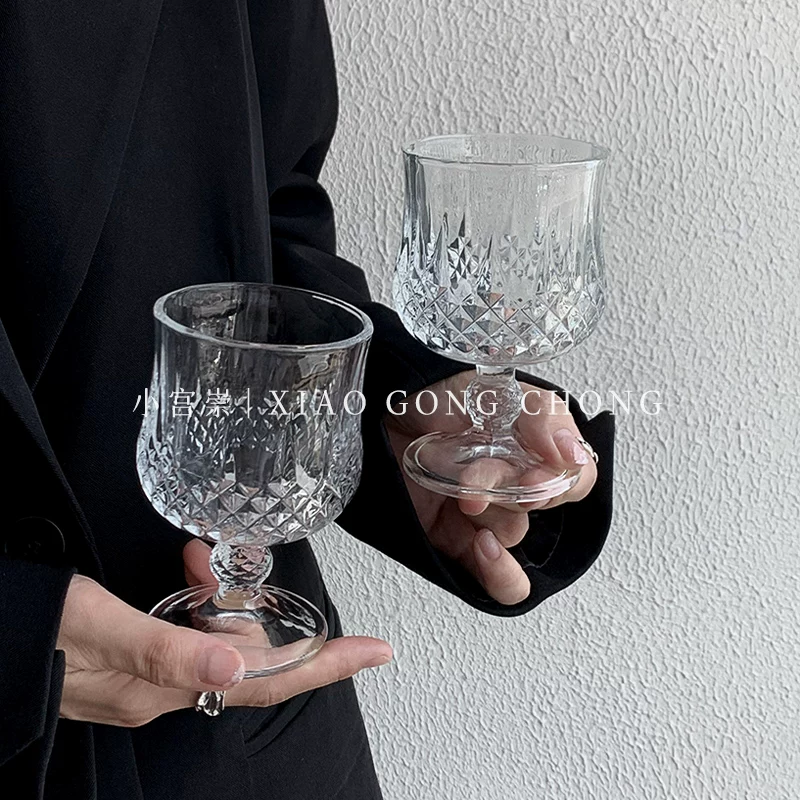 Ly thủy tinh khắc hoa văn kim cương, phong cách cổ điển cao cấp, ly uống rượu trái cây ngọt ngào, ly cocktail, ly rượu vang đỏ cao