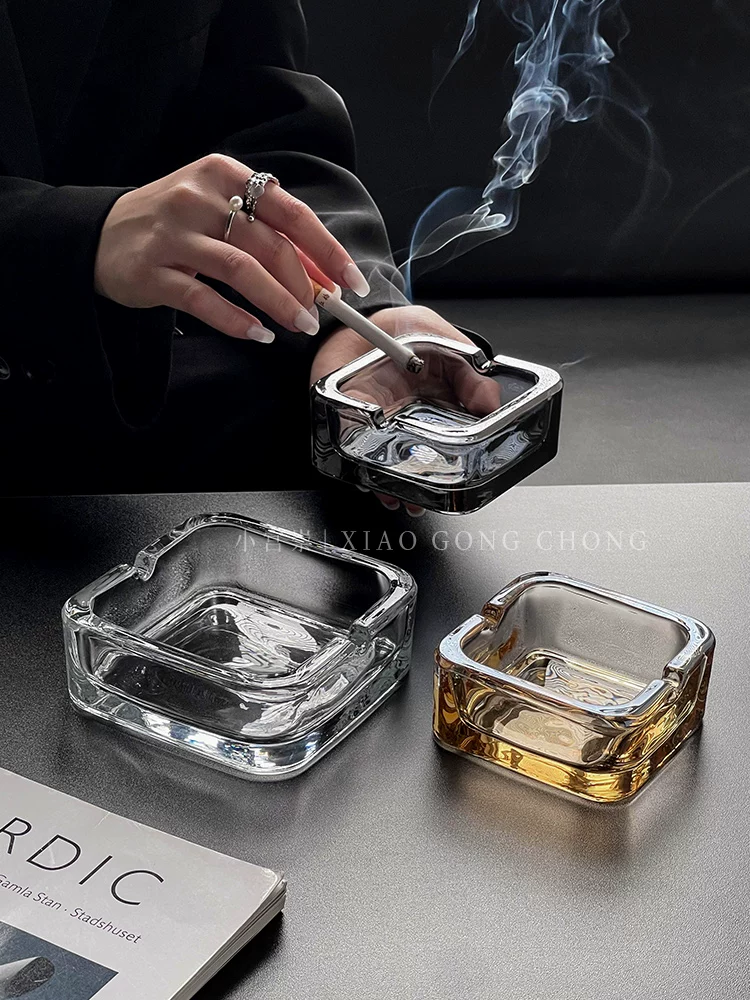 Gạt tàn thủy tinh vuông cao cấp cho phòng khách gia đình, nhẹ nhàng sang trọng, sáng tạo, chống tro bay, gạt tàn lớn và nhỏ, trang trí phong cách.
