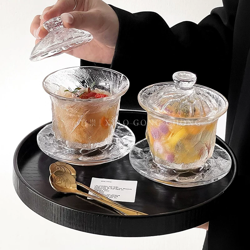 Bộ bát đĩa thủy tinh kiểu Trung Hoa, bộ bát đĩa gia dụng cao cấp có nắp, bát tráng miệng, bát đựng đường và nấm trắng sáng tạo.