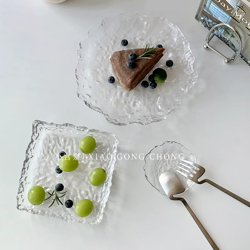 Đĩa thủy tinh hình dạng bất quy tắc phong cách Nhật Bản, đĩa ăn nhẹ gia đình, đĩa trái cây, khay tráng miệng tròn, đồ dùng trên bàn ăn