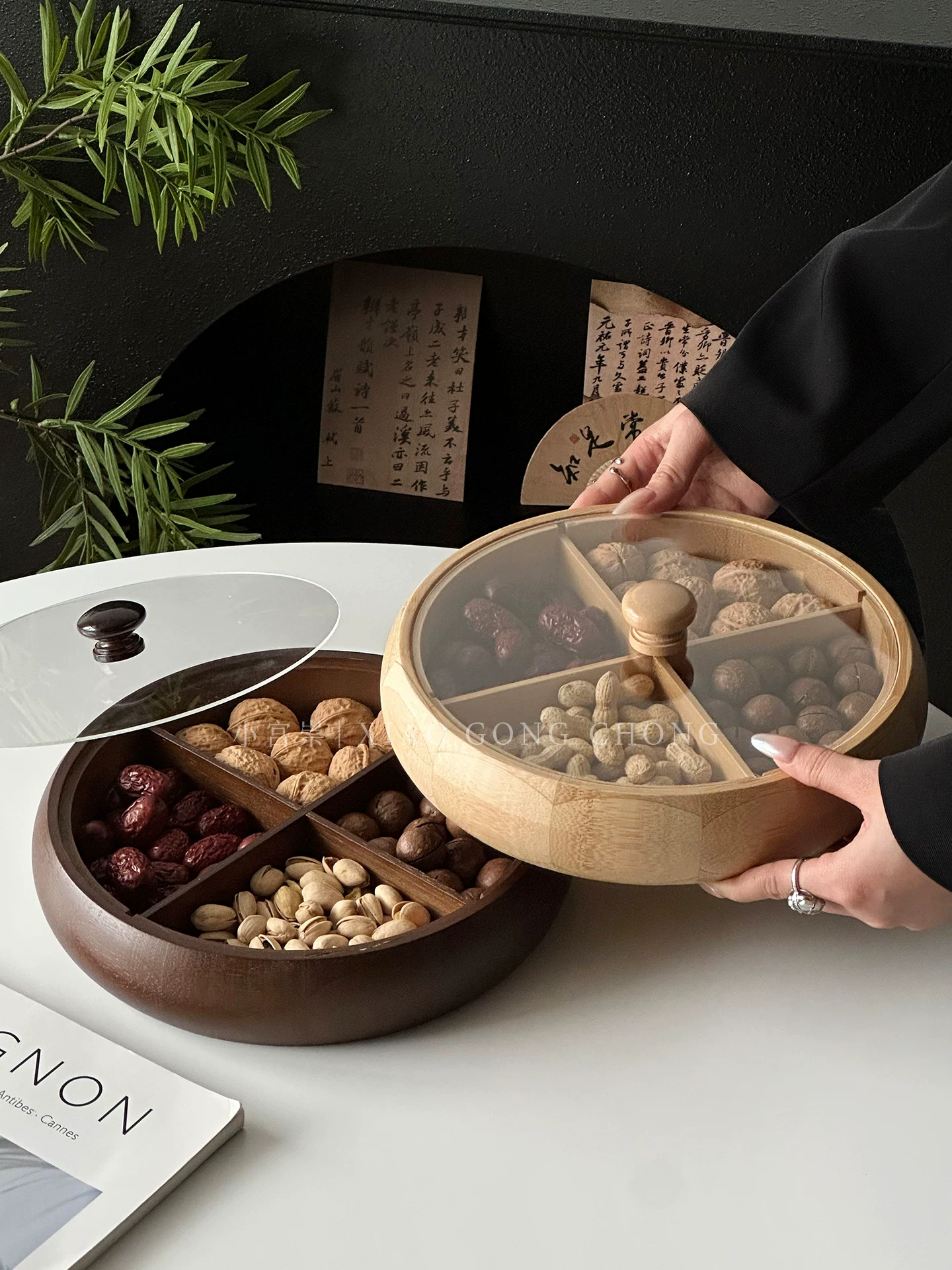 Đĩa trái cây sấy khô kiểu Trung Quốc dùng trong nhà, đặt trên bàn cà phê phòng khách, đĩa đựng đồ ăn nhẹ, đĩa chia ngăn cao cấp, đĩa trái cây, đĩa đựng đồ ăn nhẹ khi uống trà.