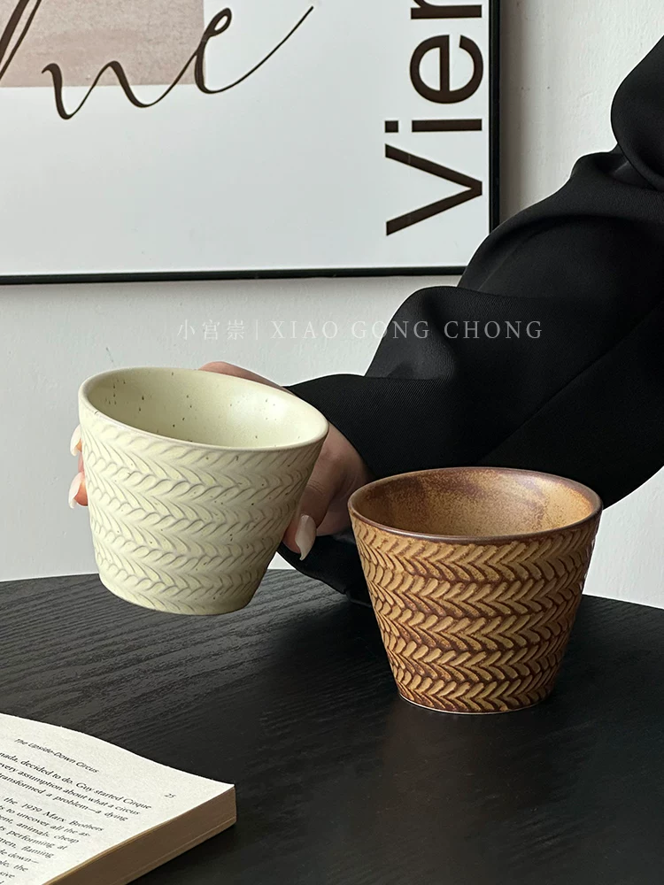 Ly cà phê gốm sứ hoa văn lúa mạch nổi cổ điển, men lò Nhật Bản, kiểu miệng lợn, ly latte nghệ thuật cao cấp, ly trà