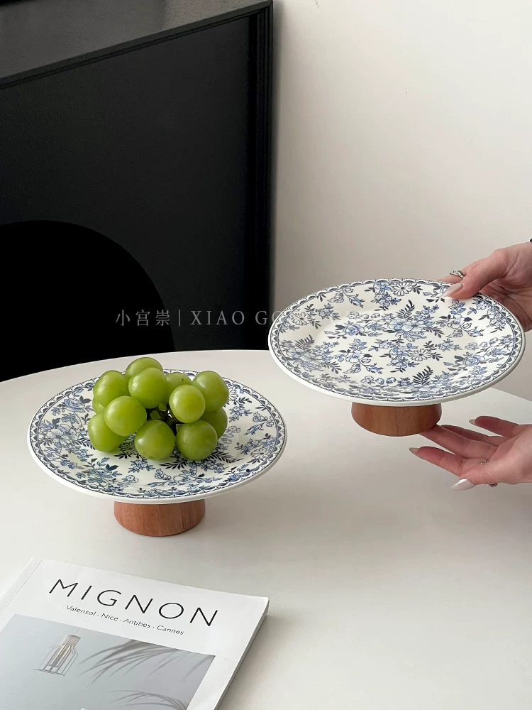 Đĩa đựng trái cây cao bằng sứ trắng xanh cổ điển kiểu Trung Quốc, đĩa đựng trái cây khô gia dụng có giá trị cao, đĩa tráng miệng cho bữa trà chiều, đĩa đựng đồ ăn nhẹ